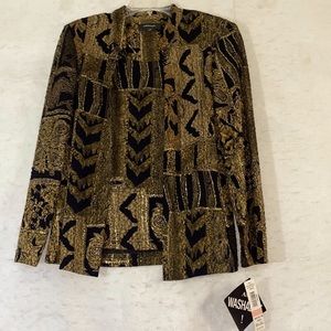 R&M Richards Gold Metallic Twofer Blouse Jacket Black Tan Patchwork NWT Size 10